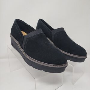Clarks Wedge Loafers Shoes Womens 8 Black Airabell Suede Leather Comfort Casual